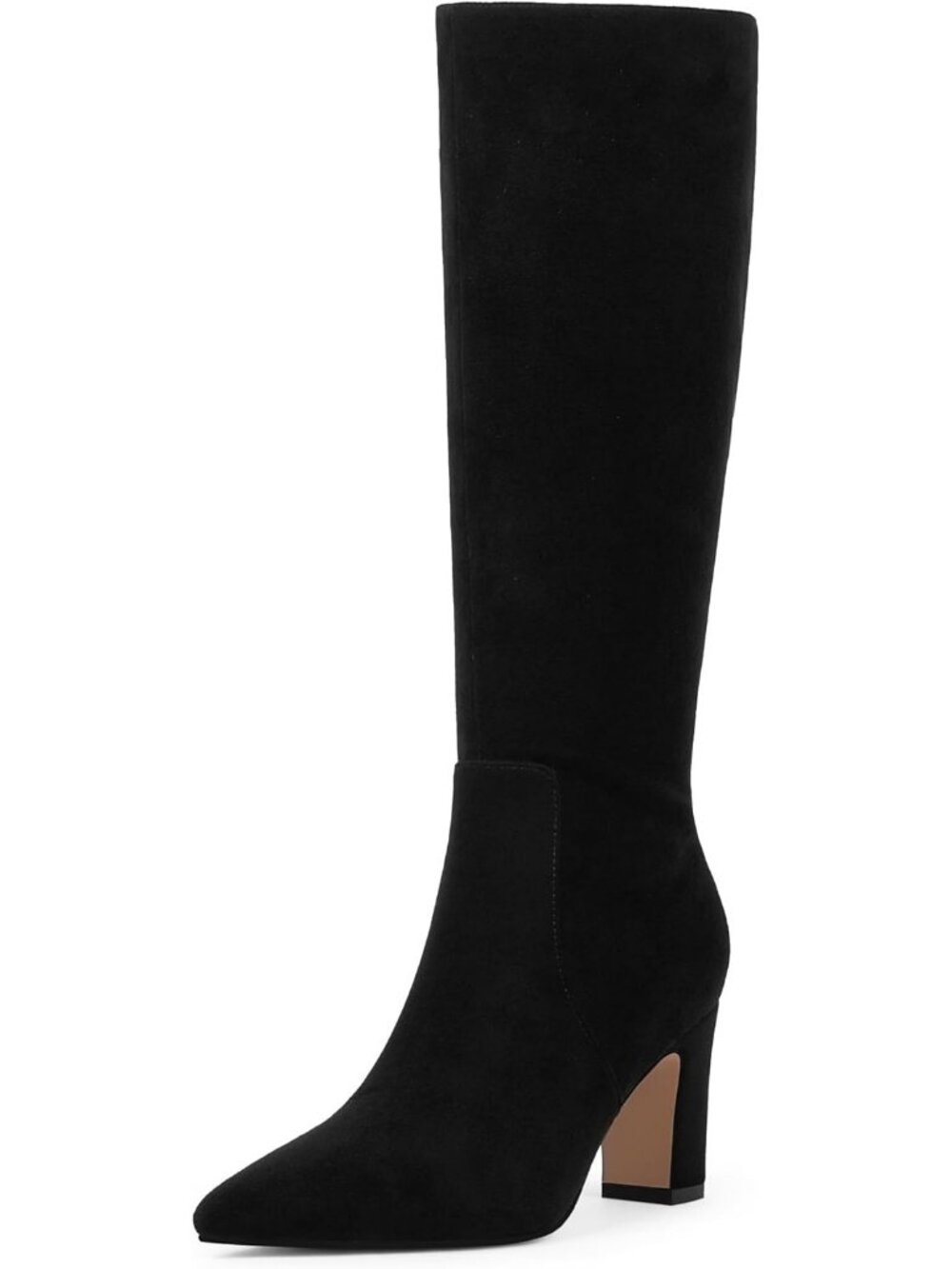 Women's Black Suede Chunky Heel Pointed Toe Side Zipper Knee High Boots